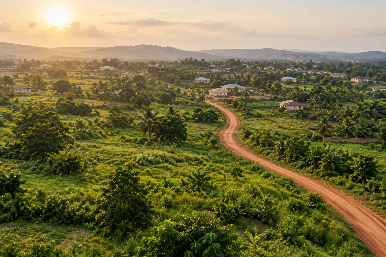 Illustrative aerial landscape of green land and red-earth paths in Ghana